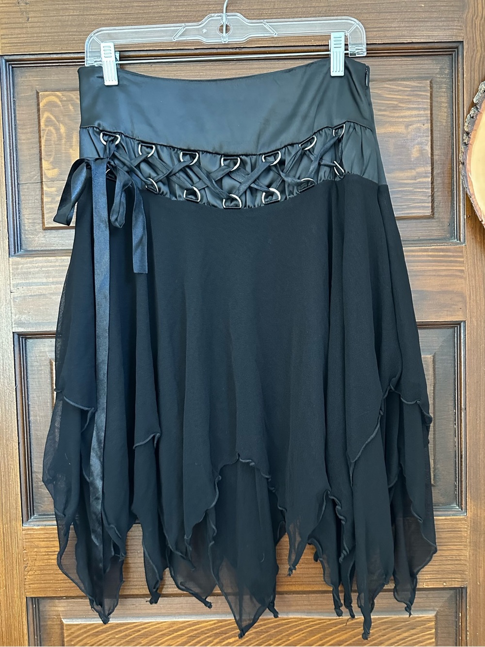 Bleustar Witchy Goth Handkerchief Hem Mesh and Satin Skirt, XS/S